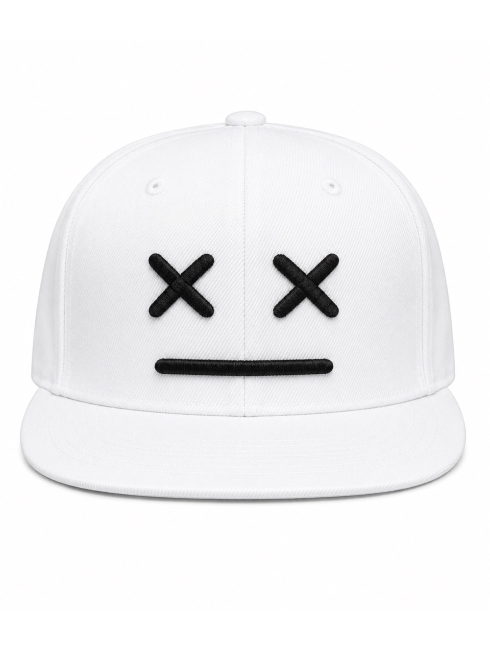🖤White Snapback Hat Black X Eyes Face Embroidered Flat Brim Baseball Cap Unisex